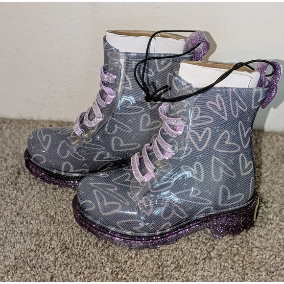 Western Chief‎ Waterproof Lighted Combat Boots Ombre Heart Glitter - Size 6T - Picture 1 of 9